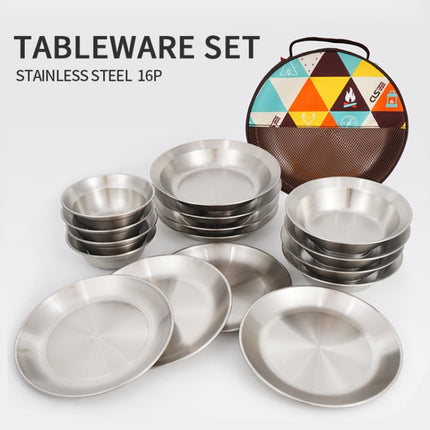 16 PCS / Set CLS Outdoor Stainless Steel Tableware Portable Camping Dinner Bowl Plate Kit-garmade.com
