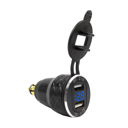 Car Motorcycle USB Charger Metal With Voltage Display Car Charger EU Plug(Black Blue Display)-garmade.com