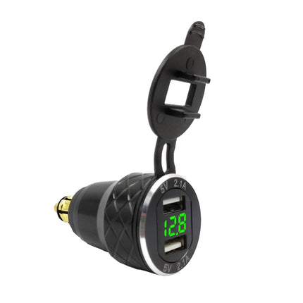 Car Motorcycle USB Charger Metal With Voltage Display Car Charger EU Plug(Black Green Display)-garmade.com