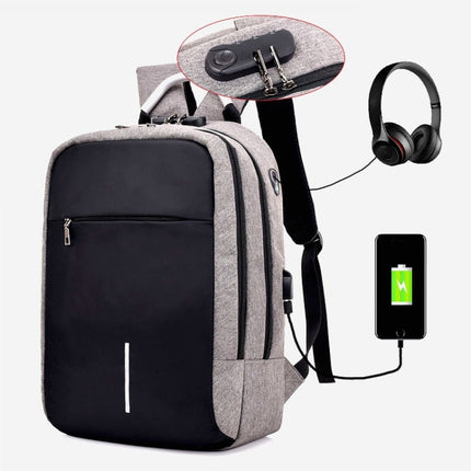 16 inch Men Password Lock Backpack Business Casual Anti-Theft Computer Bag With External USB Port(Light Gray )-garmade.com