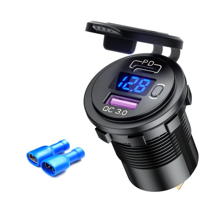 12V Modified Car USB Charger With Voltage Display PD QC3.0 Socket(With Terminal Blue Light)-garmade.com