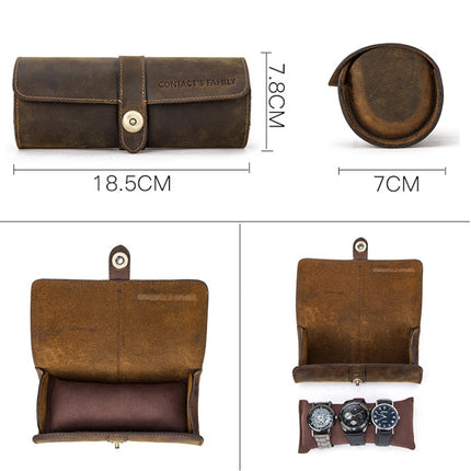 CONTACTS FAMILY CF1117 Retro Crazy Horse Texture Leather Watch Box Round Buckle Storage Box,Capacity: Can Hold 3 Watches(Coffee)-garmade.com