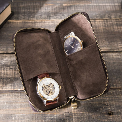 Contacts Family CF1114 Leather Watch Box Retro Crazy Horse Leather Zipper Couple Watch Bag(Coffee)-garmade.com