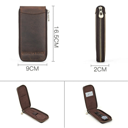 Contacts Family CF1121 Retro Crazy Horse Leather Watch Storage Box Single Watch Seat Portable Watch Zipper Bag(Coffee)-garmade.com