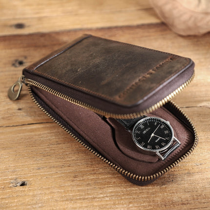 Contacts Family CF1121 Retro Crazy Horse Leather Watch Storage Box Single Watch Seat Portable Watch Zipper Bag(Coffee)-garmade.com