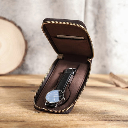 Contacts Family CF1121 Retro Crazy Horse Leather Watch Storage Box Single Watch Seat Portable Watch Zipper Bag(Coffee)-garmade.com