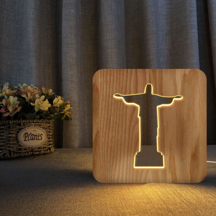 FS-T1971W 2.5W Jesus Pastor Table Lamp USB Solid Wood Hollow Night Light(Warm White Light)-garmade.com