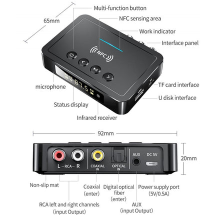 M6 NFC Bluetooth 5.0 Receiver & Transmitter & FM 3 In 1 Adapter(Black)-garmade.com