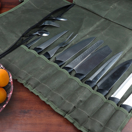 Oil Wax Canvas Roll Chef Knife Storage Bag(Army Green)-garmade.com
