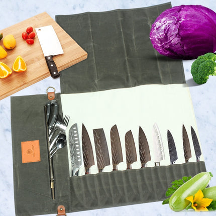 WESSLECO Canvas Roll Chef Knife Storage Bag(Army Green)-garmade.com