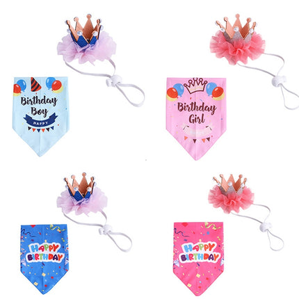 2 Sets Pet Birthday Suit Pearl Crown Hat Triangle Scarf Combination Birthday Dress Up Pet Supplies(Balloon Pink)-garmade.com