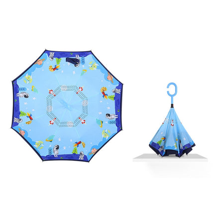 Cartoon Reverse Children Umbrella Student Manual Long Handle Umbrella(Sky Blue Astronaut)-garmade.com