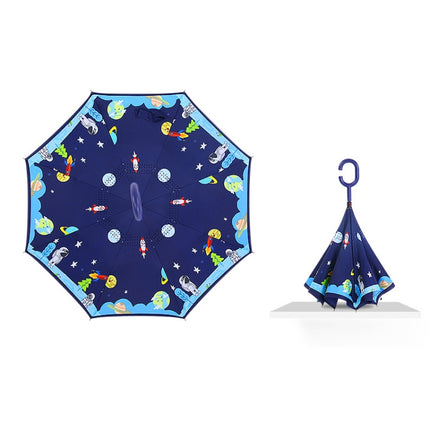 Cartoon Reverse Children Umbrella Student Manual Long Handle Umbrella(Navy Astronaut)-garmade.com