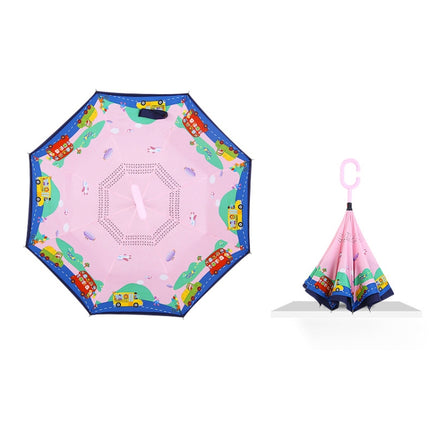 Cartoon Reverse Children Umbrella Student Manual Long Handle Umbrella(Pink Car)-garmade.com