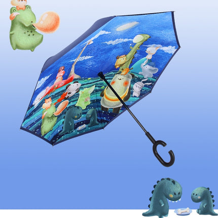 Cartoon Reverse Children Umbrella Student Manual Long Handle Umbrella(Pink Car)-garmade.com