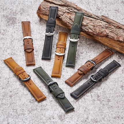 Smart Quick Release Watch Strap Crazy Horse Leather Retro Strap For Samsung Huawei,Size: 24mm (Army Green Silver Buckle)-garmade.com