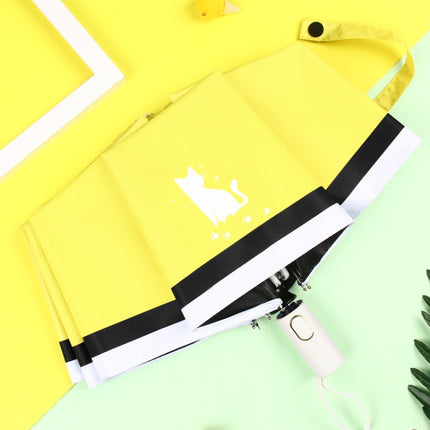 Small Fresh Three-Fold Automatic Black Rubber Sunscreen Umbrella Cartoon Cat Sunny Rain Umbrella(Yellow)-garmade.com