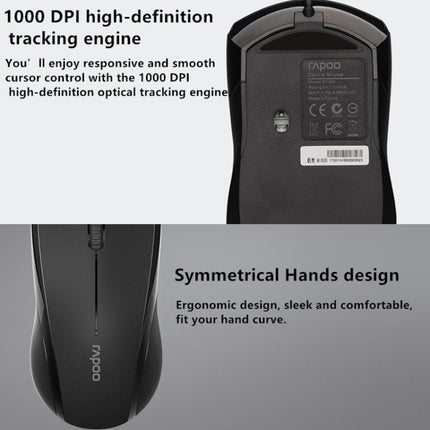 Rapoo N1600 1000 DPI 3 Keys Office Business Silent Wired Mouse, Cable Length: 1.5m(Black)-garmade.com