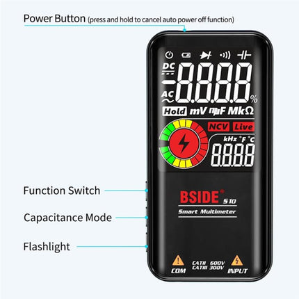 BSIDE Digital Multimeter 9999 Counts LCD Color Display DC AC Voltage Capacitance Diode Meter, Specification: S10 Dry Battery Version (Black)-garmade.com