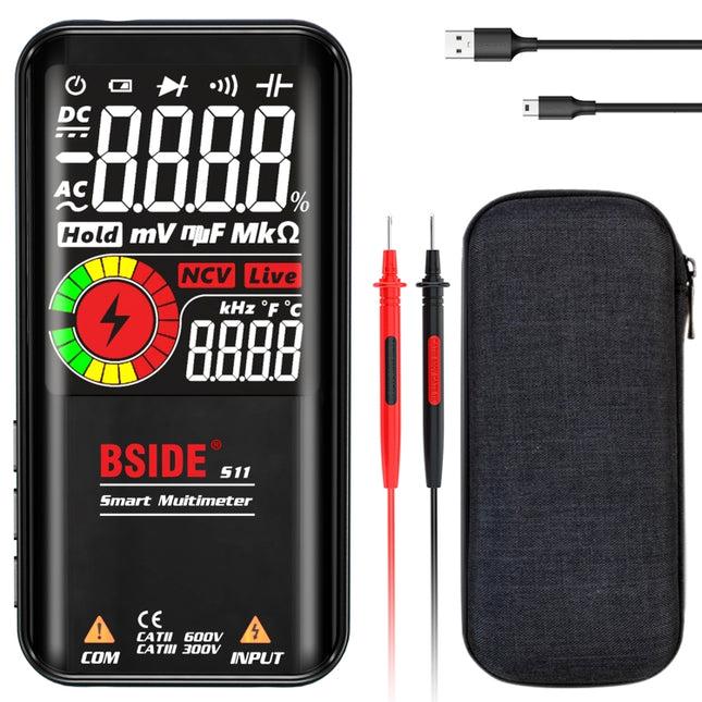 BSIDE Digital Multimeter 9999 Counts LCD Color Display DC AC Voltage Capacitance Diode Meter, Specification: S11 Recharge Version (Black)-garmade.com