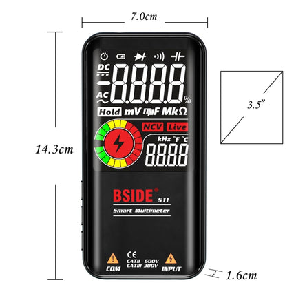 BSIDE Digital Multimeter 9999 Counts LCD Color Display DC AC Voltage Capacitance Diode Meter, Specification: S11 Recharge Version (Black)-garmade.com