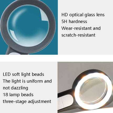 30 Times 18 LED Cool Warm Light HD Elderly Reading Repair Glass Magnifier(Gray White)-garmade.com