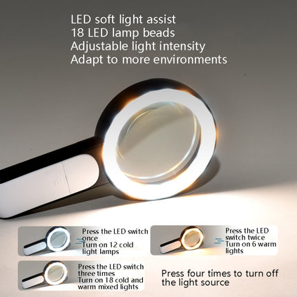 30 Times 18 LED Cool Warm Light HD Elderly Reading Repair Glass Magnifier(Gray White)-garmade.com