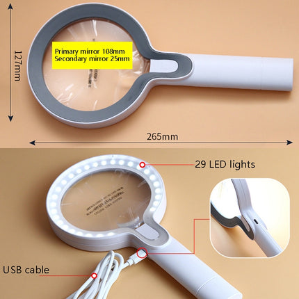 XT-8013 With 29 LED Lights 3 Gelling Touch Switch Magnifier 2 Times / 13 Times Hand-Held Magnifying Glass(White+Gray)-garmade.com