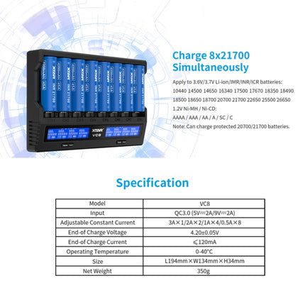 XTAR 8-Slot Battery Charger LCD Display Charger QC3.0 Type C Fast Charger for 21700 / 18650 Battery, Model: VC8-garmade.com
