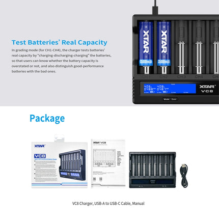 XTAR 8-Slot Battery Charger LCD Display Charger QC3.0 Type C Fast Charger for 21700 / 18650 Battery, Model: VC8-garmade.com