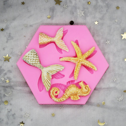 5 PCS Ocean Series Big And Small Fishtail Starfish Seahorse DIY Baking Liquid Silicone Mold(Pink)-garmade.com