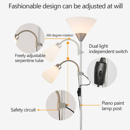 Double Head LED Eye Protection Mother and Son Floor Lamp Living Room Bedroom Bedside Vertical Table Lamp CN Plug, Power:5 + 5 w(Black)-garmade.com