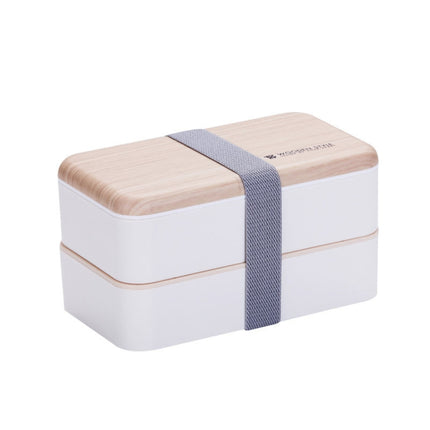 Office Double-layer Separated Lunch Box Wooden Portable Microwaveable Heating Student Bento Box with Cutlery(White)-garmade.com