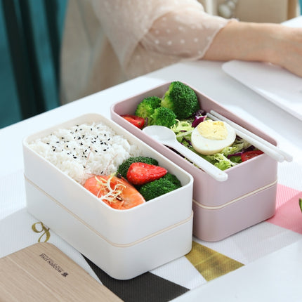 Office Double-layer Separated Lunch Box Wooden Portable Microwaveable Heating Student Bento Box with Cutlery(White)-garmade.com