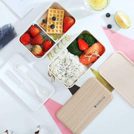 Office Double-layer Separated Lunch Box Wooden Portable Microwaveable Heating Student Bento Box with Cutlery(White)-garmade.com