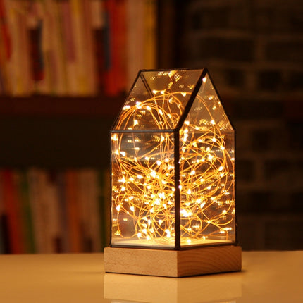 Fireworks Glass Lampshade Wooden Base 100 LEDs Night Light Birthday Christmas Gift, Spec: Button Switch(Firefly House )-garmade.com
