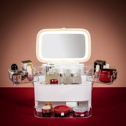 Cosmetic Storage Box Dustproof Skin Care Products Desktop LED With Mirror Shelf, Colour: White Small LED Light Model-garmade.com