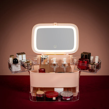 Cosmetic Storage Box Dustproof Skin Care Products Desktop LED With Mirror Shelf, Colour: Pink Small LED Light Model-garmade.com