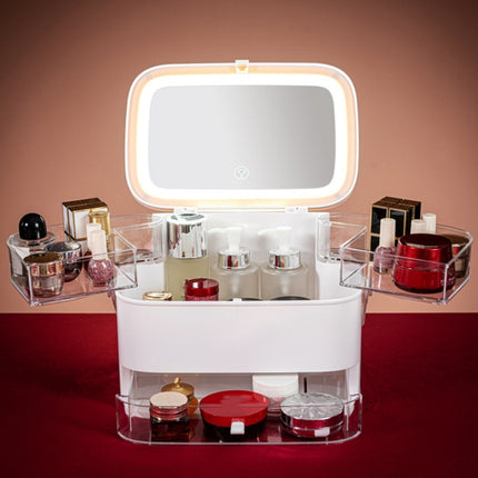 Cosmetic Storage Box Dustproof Skin Care Products Desktop LED With Mirror Shelf, Colour: White Large LED Light Model-garmade.com