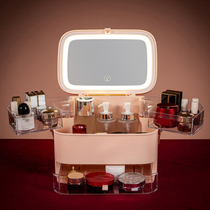 Cosmetic Storage Box Dustproof Skin Care Products Desktop LED With Mirror Shelf, Colour: Pink Large LED Light Model-garmade.com