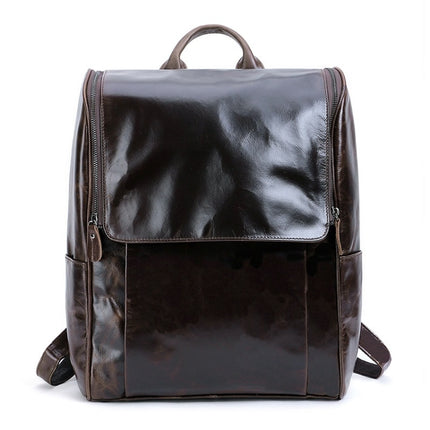 6390 Fashion Casual Men Backpack Cowhide Leather Computer Bag(Gray Green)-garmade.com