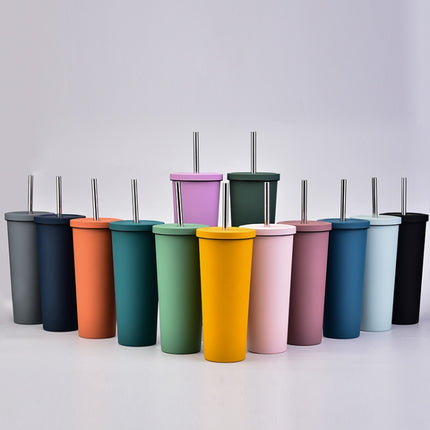 700ml Large Capacity Double Stainless Steel Straw Cup Vacuum Outdoor 304 Insulation Cup Car Water Cup(Gray Green)-garmade.com