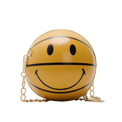 12cm Fashion Basketball Kids Bag Portable Crossbody PU Mini Round Bag(Smiley-Yellow)-garmade.com
