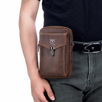 BULL CAPTAIN 076 Retro Leather Mobile Phone Waist Bag Men Leather Messenger Bag(Black)-garmade.com