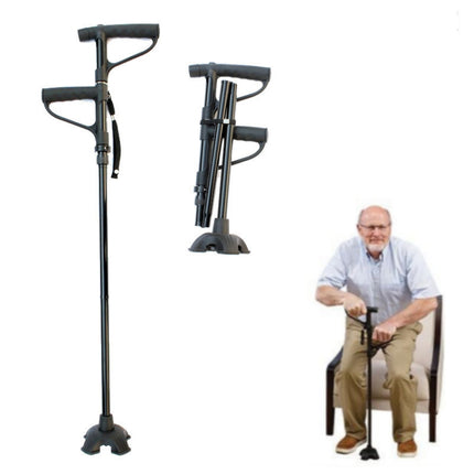 Multifunctional Folding Double-Handle Elderly Crutches Aluminum Alloy Elderly Power-Assisted Walking Sticks Four-Legged Walking Sticks With Lights, Length: 86-98cm(Black)-garmade.com