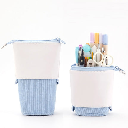 ANGOO Corduroy Retractable Drop-Down Pencil Case Student Stationery Storage Bag(Light Blue)-garmade.com
