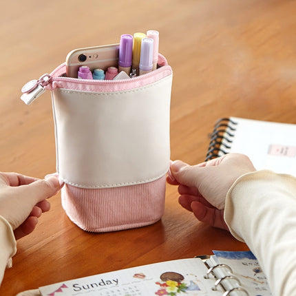 ANGOO Corduroy Retractable Drop-Down Pencil Case Student Stationery Storage Bag(Pink)-garmade.com