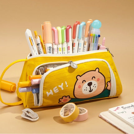 Angoo Canvas Large-Capacity Stationery Case With Side Window Student Pencil Storage Bag(Beckoning Bear)-garmade.com