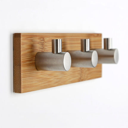 Stainless Steel Bamboo Wood Three Row Hook Kitchen Bathroom Door Adhesive Hook(Three Hook)-garmade.com