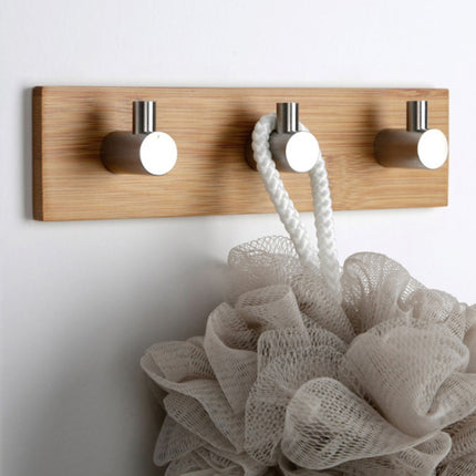 Stainless Steel Bamboo Wood Three Row Hook Kitchen Bathroom Door Adhesive Hook(Three Hook)-garmade.com